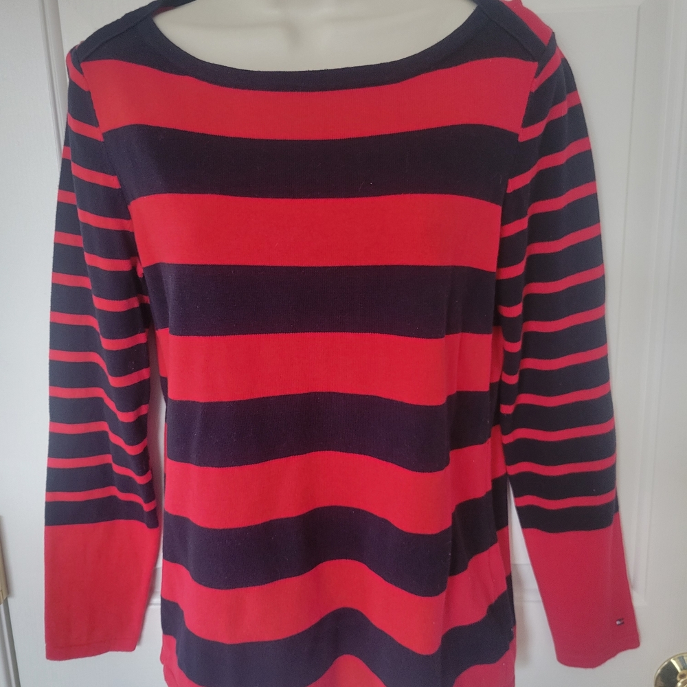 Ladies 100% Cotton Tommy Hilfiger Red & Black Striped Top Size M (Like New) $20